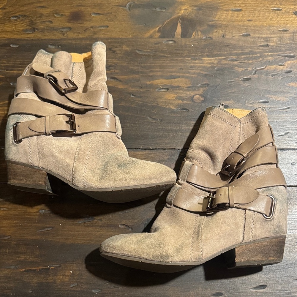 Naya Taupe Suede Leather Buckle Ankle Boots for Women-Size 10 Wide